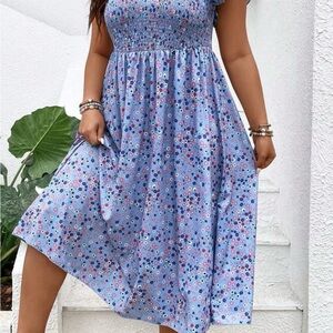 SHEIN Blue Smocked Sundress with Flutter Sleeves